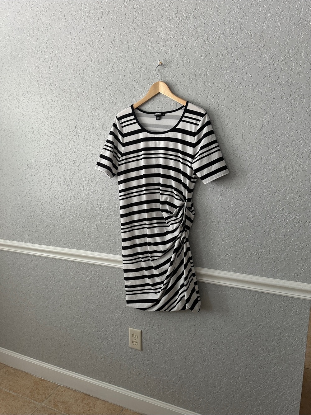 Dkny Black & White Striped Midi Dress with Side Twist